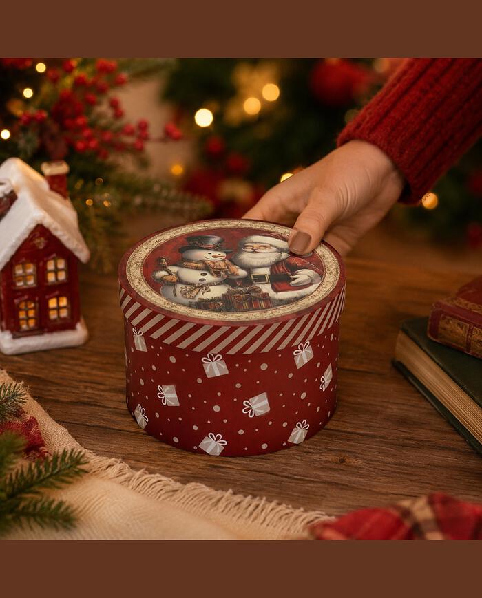Caixa Natalina Redonda Papai Noel e Boneco de Neve image number 2