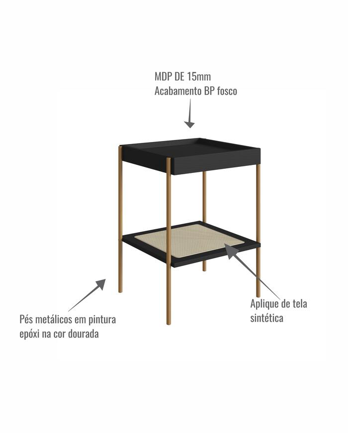 Mesa Lateral Quadrada com Prateleira Tela Oslo Nero e Dourado image number 3