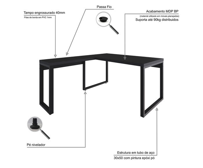 Mesa em L Yon Diretor Preto image number 4