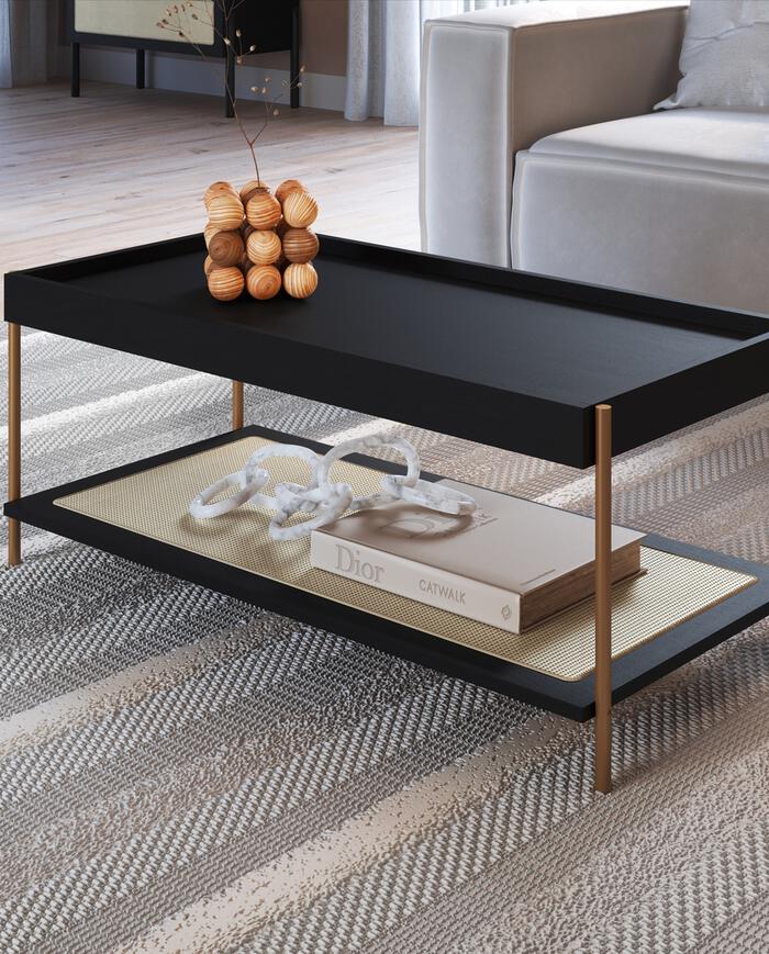Mesa de Centro Retangular com Prateleira Tela Oslo Nero e Dourado - image 1