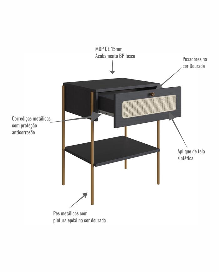Mesa de Cabeceira Tela Oslo Nero e Dourado image number 3