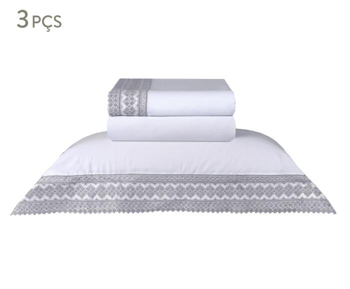 Jogo de Len&ccedil;ol Acetinado Bordado Mini Check Branco 300 Fios - image 1