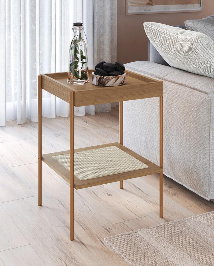 Mesa Lateral Quadrada com Prateleira Tela Oslo Hanover e Dourado - image 1