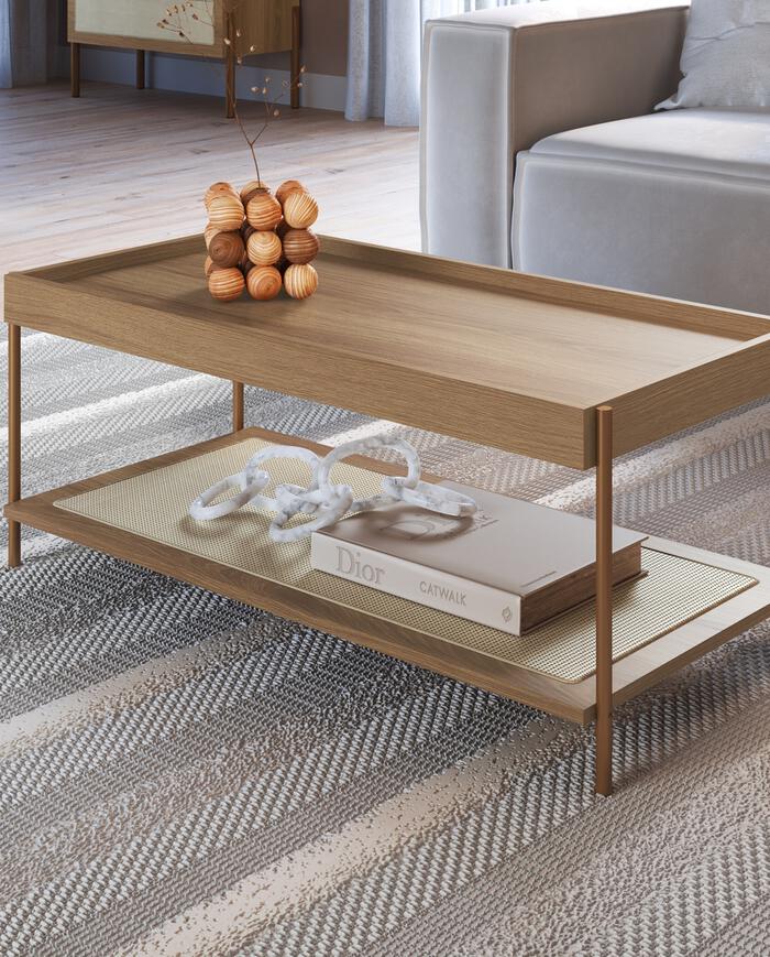 Mesa de Centro Retangular com Prateleira Tela Oslo Hanover e Dourado - image 1