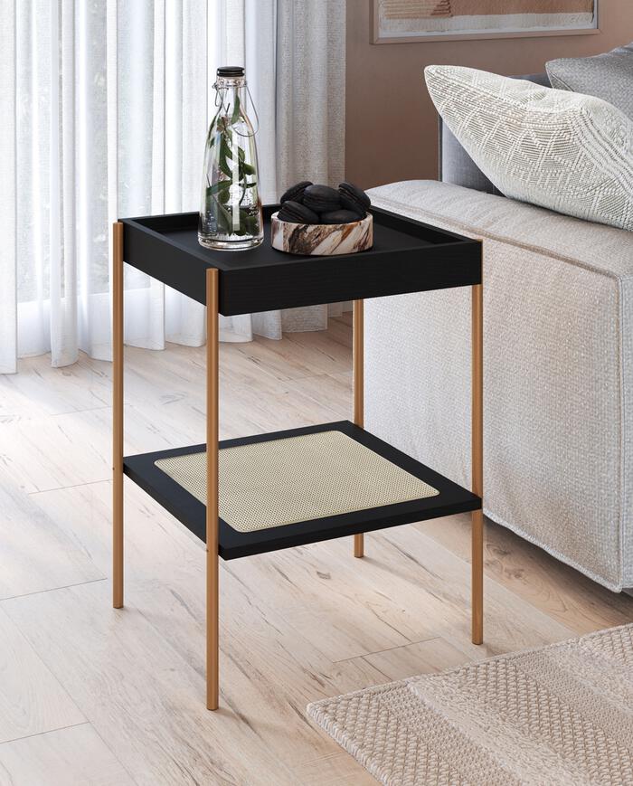 Mesa Lateral Quadrada com Prateleira Tela Oslo Nero e Dourado - image 1