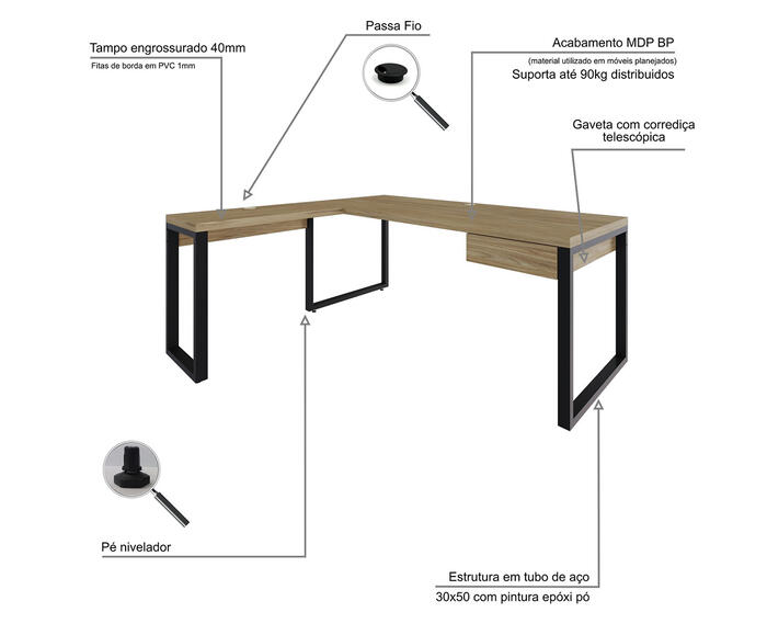 Mesa em L Yon Presidente com Gaveta Vermont Oak image number 5