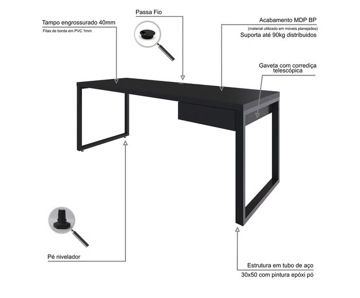 Mesa Yon Presidente com Gaveta Preto image number 6