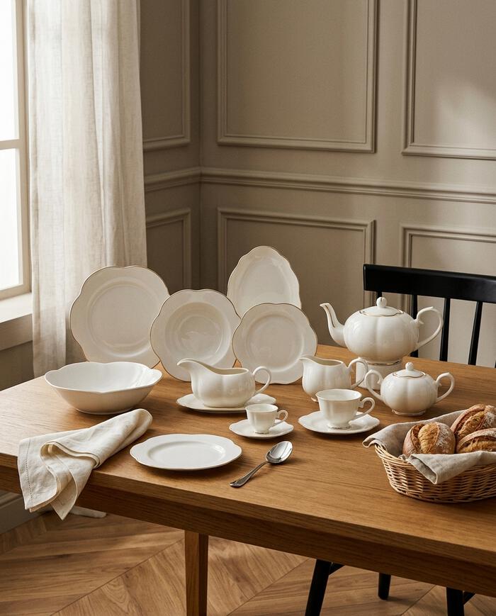 Aparelho de Jantar em Porcelana Cam&eacute;lia China Filado Dourado Branco image number 2