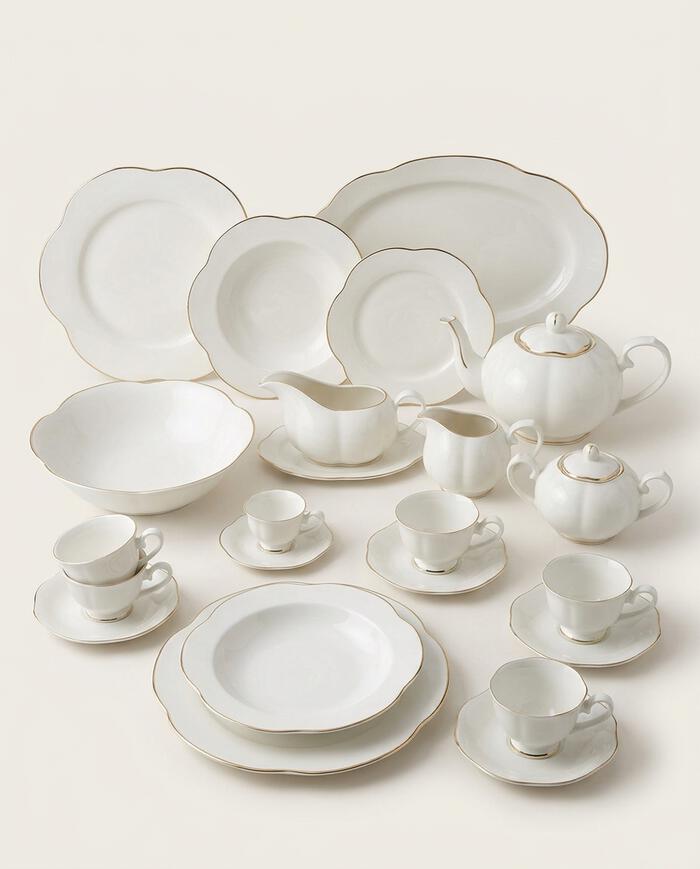 Aparelho de Jantar em Porcelana Cam&eacute;lia China Filado Dourado Branco image number 2