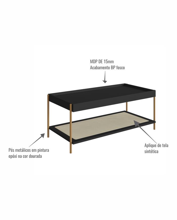 Mesa de Centro Retangular com Prateleira Tela Oslo Nero e Dourado image number 2