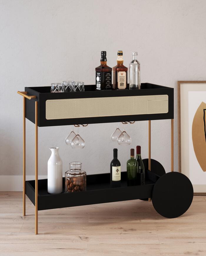 Carrinho Bar com Porta Ta&ccedil;as Tela Oslo Nero e Dourado - image 1