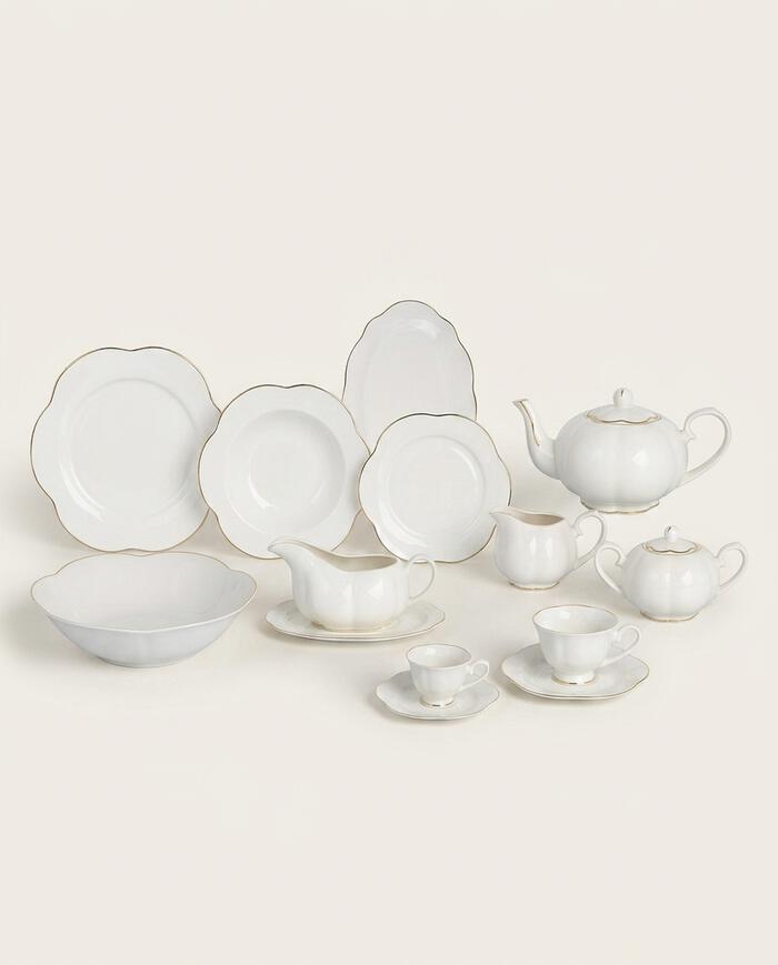 Aparelho de Jantar em Porcelana Cam&eacute;lia China Filado Dourado Branco image number 1