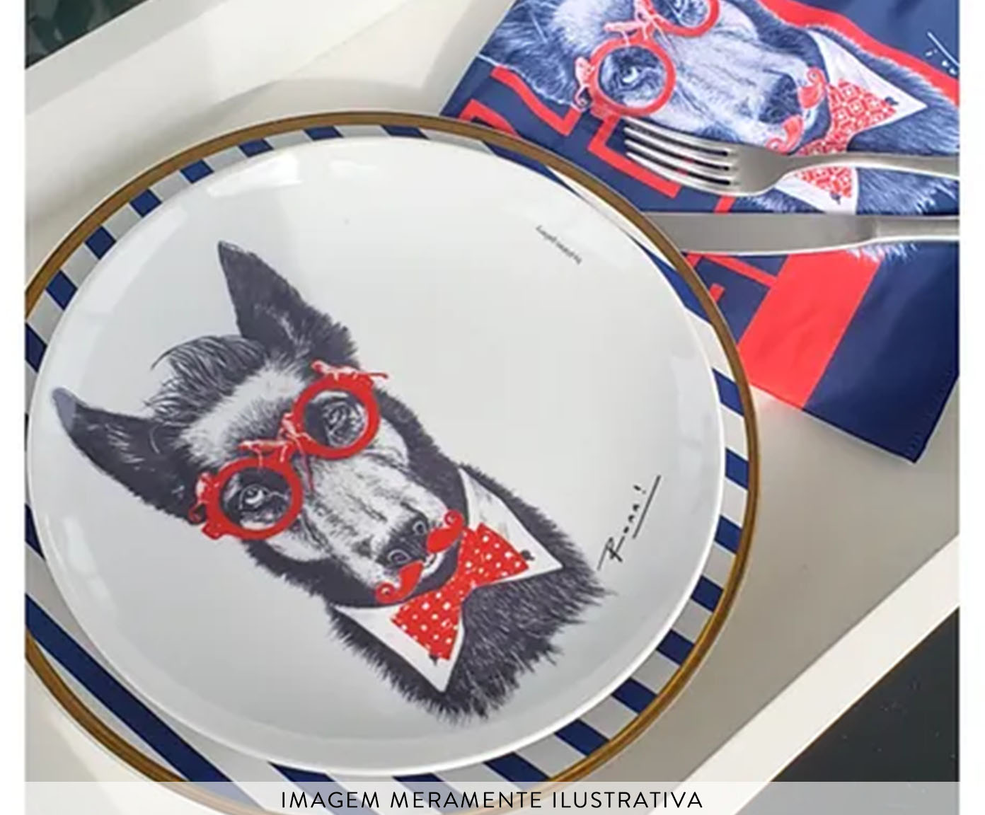 Prato de Porcelana Dog Bowie Red&Blue Ronn Kools - image 1