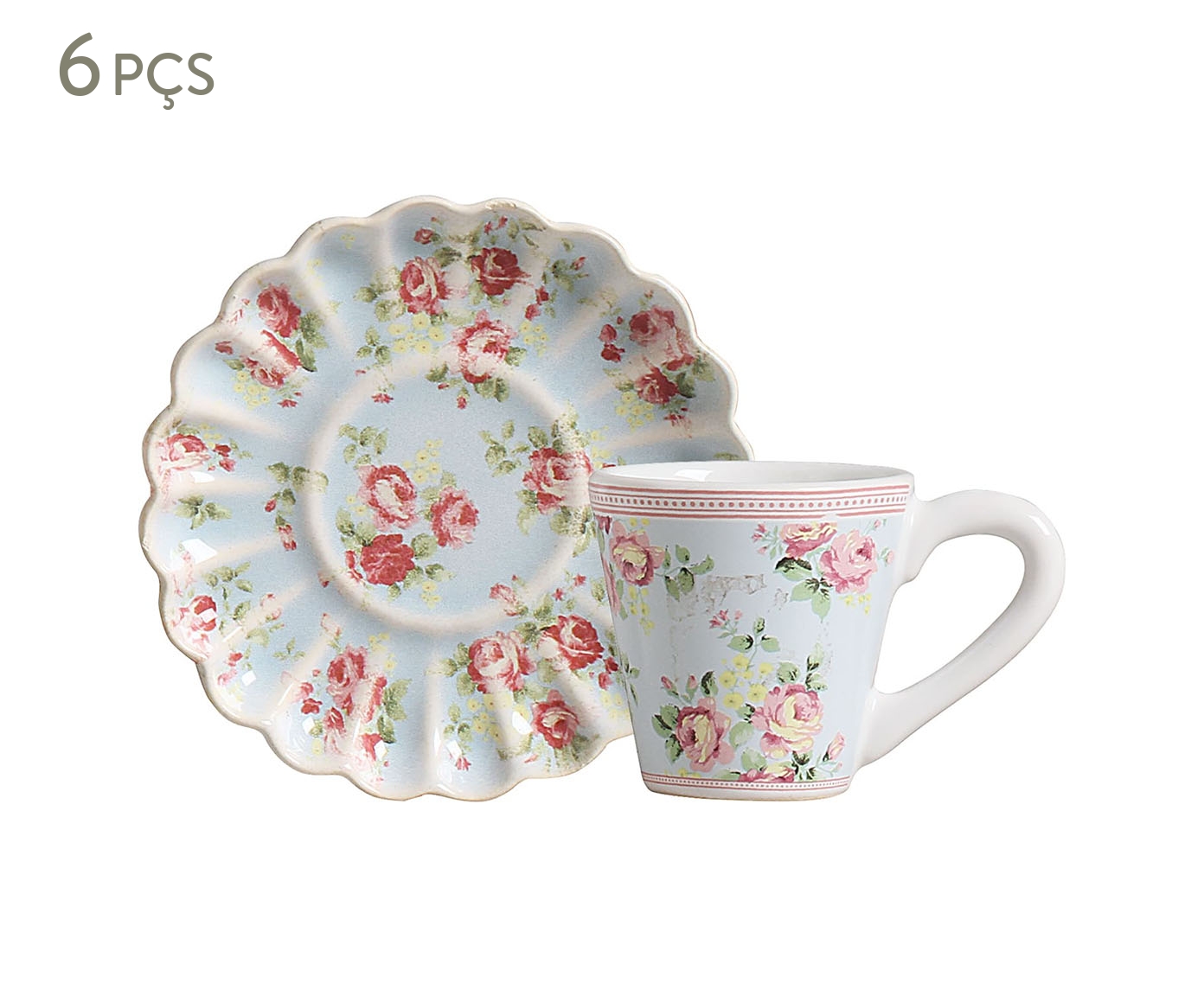 Jogo de X&iacute;cara para Caf&eacute; com Pires Azul com Rosas Vo Dulce image number 0