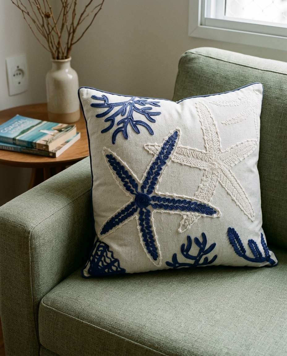Almofada Linho Cru e Boucle Estrela Azul - image 1