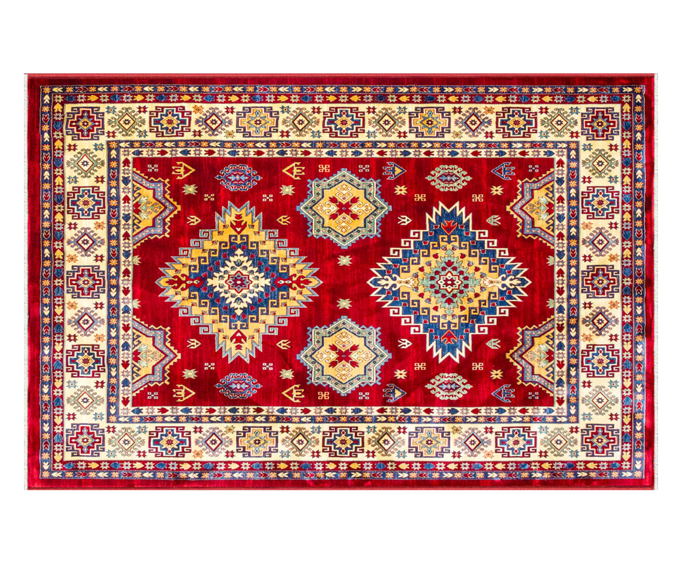 Tapete Turco Kasakh Mira - Vermelho, Creme e Azul - image 0