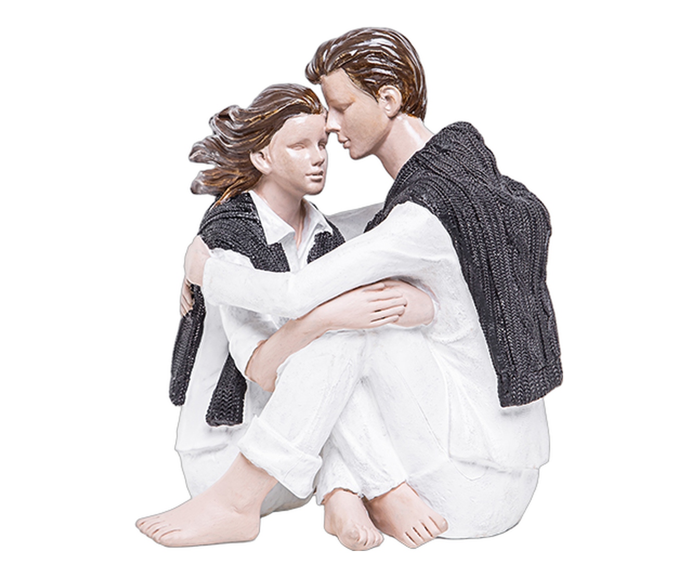 Escultura Casal Sentado Abra&ccedil;ado Bege e Branco image number 0