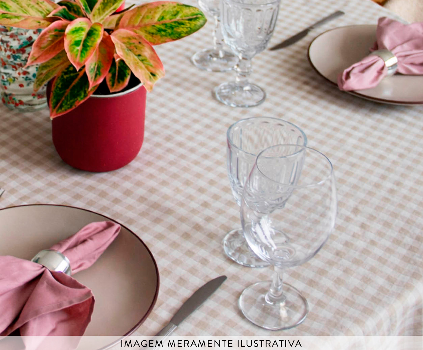 Toalha de Mesa Redonda  Vichy Bege e Off White Pequena image number 3