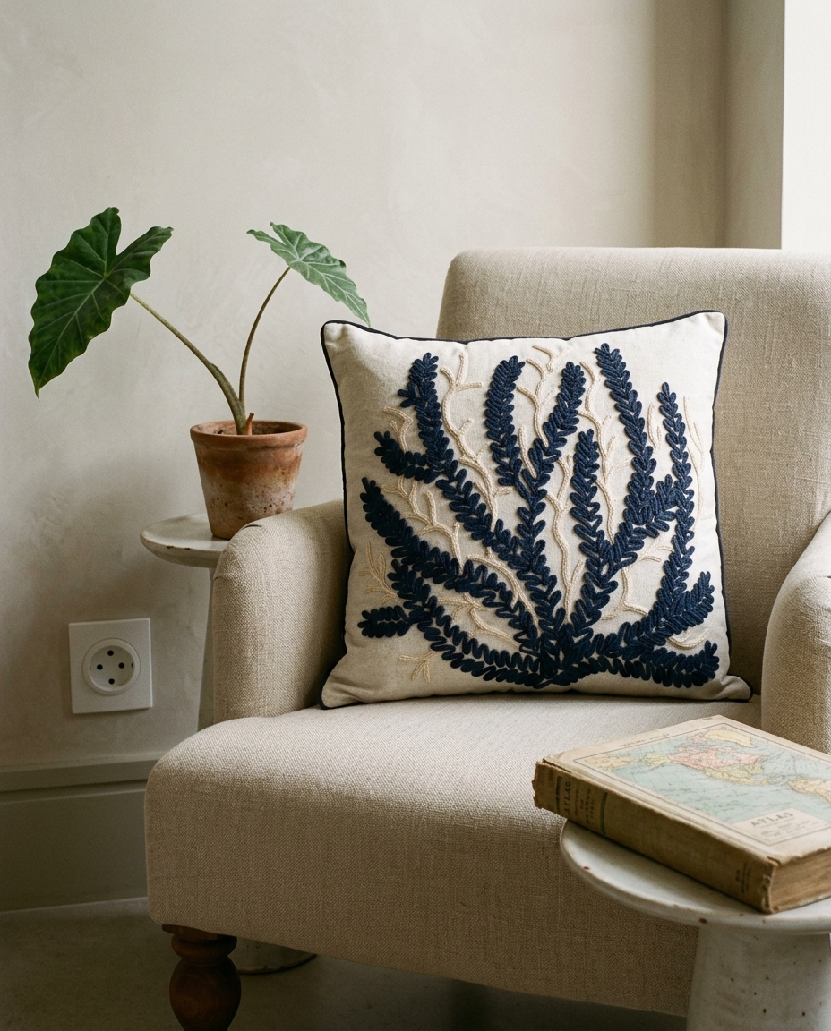 Almofada em Linho Cru e Boucle Coral Marinho image number 3