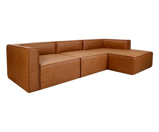 Sof&aacute; 3 M&oacute;dulos Chaise Mensa em Couro Caramelo image number 2