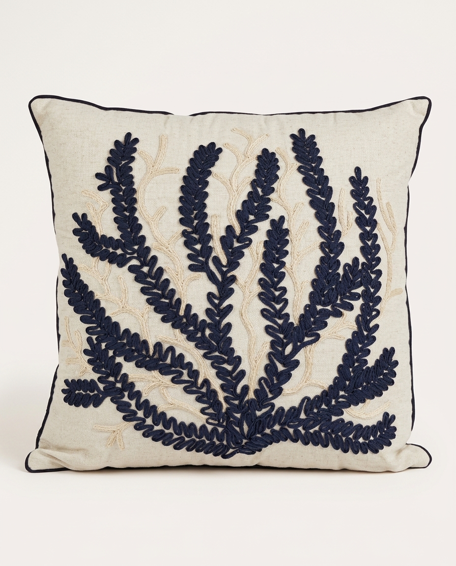 Almofada em Linho Cru e Boucle Coral Marinho - image 0