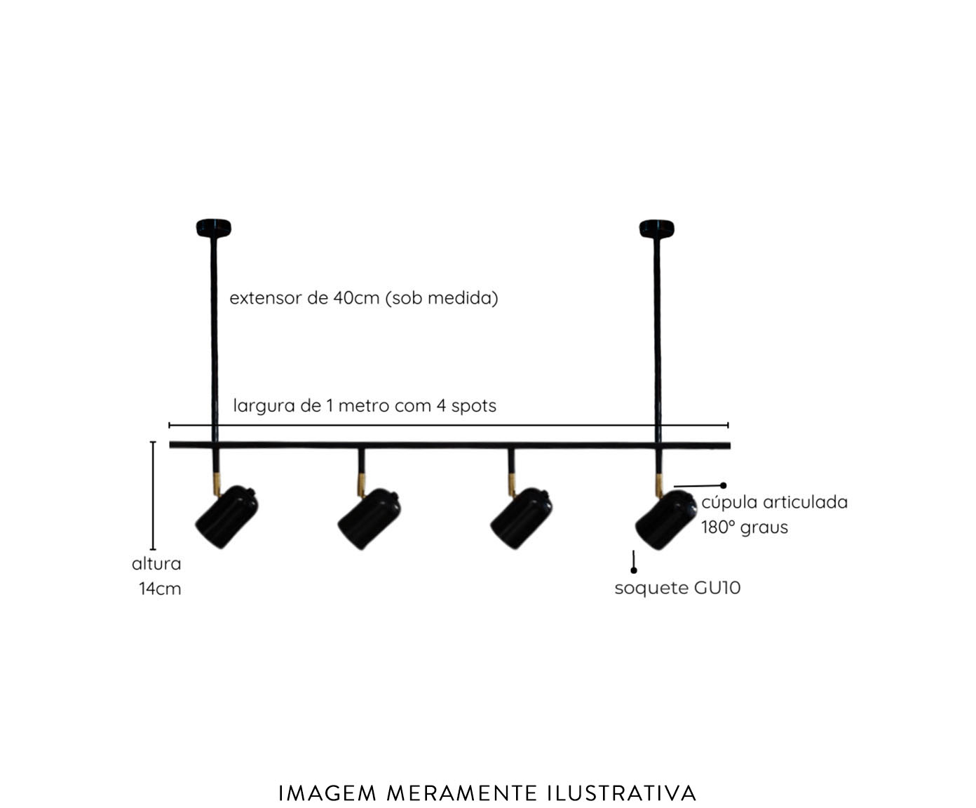Trilho de Teto Ewa com 4 Spots com Extensor Preto image number 2