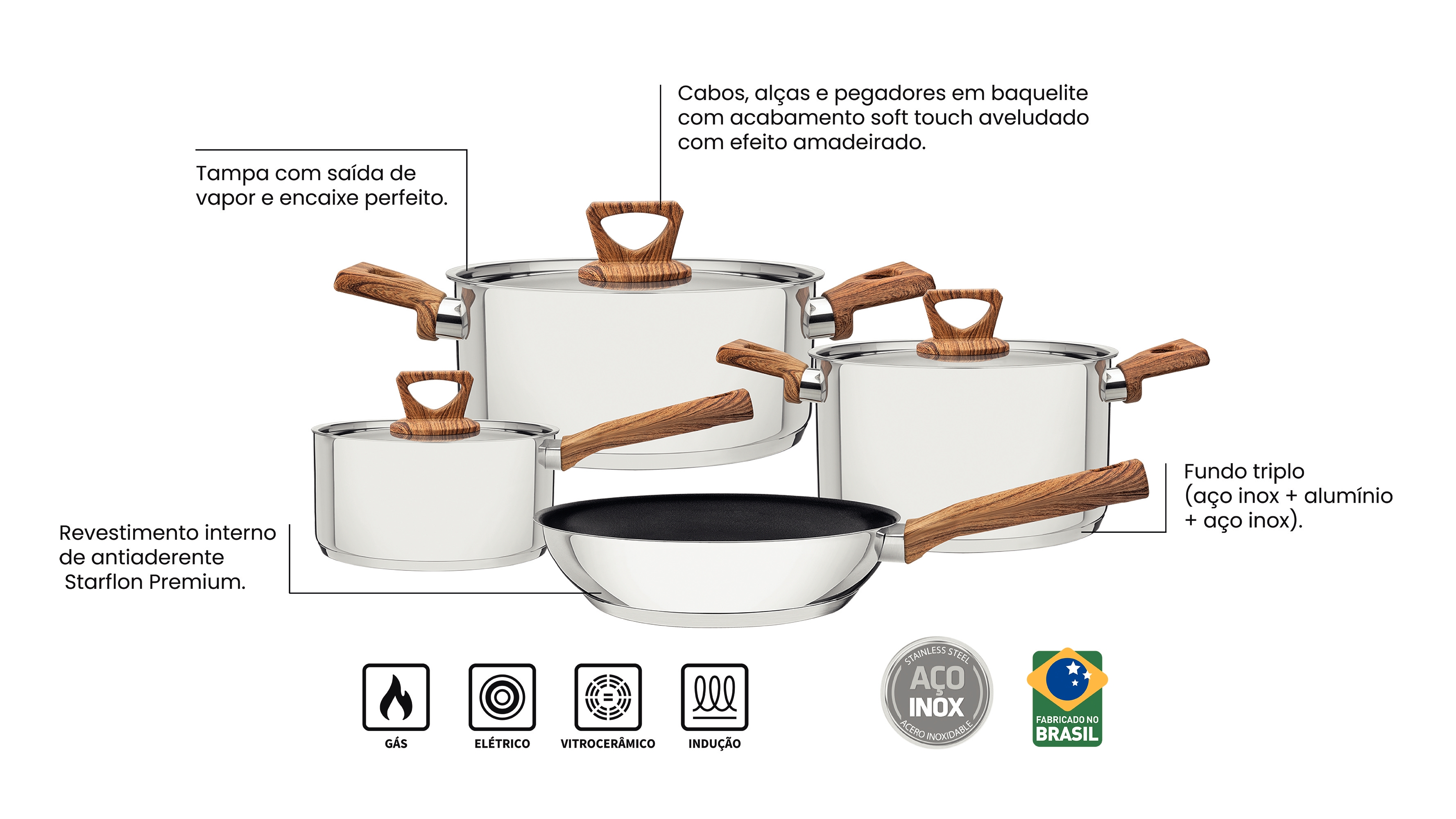 Jogo de Panelas Antiaderentes Montez Amadeirado image number 3