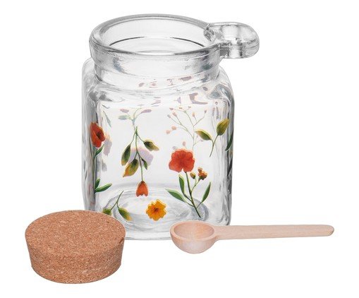 Pote Quadrado com Colher Encanto Transparente e Florido - image 1