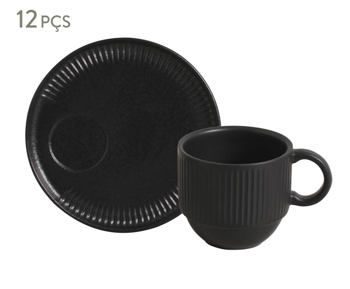 Jogo de X&iacute;caras de Ch&aacute; com Pires Empilh&aacute;vel Linhas Matte Preto - image 0
