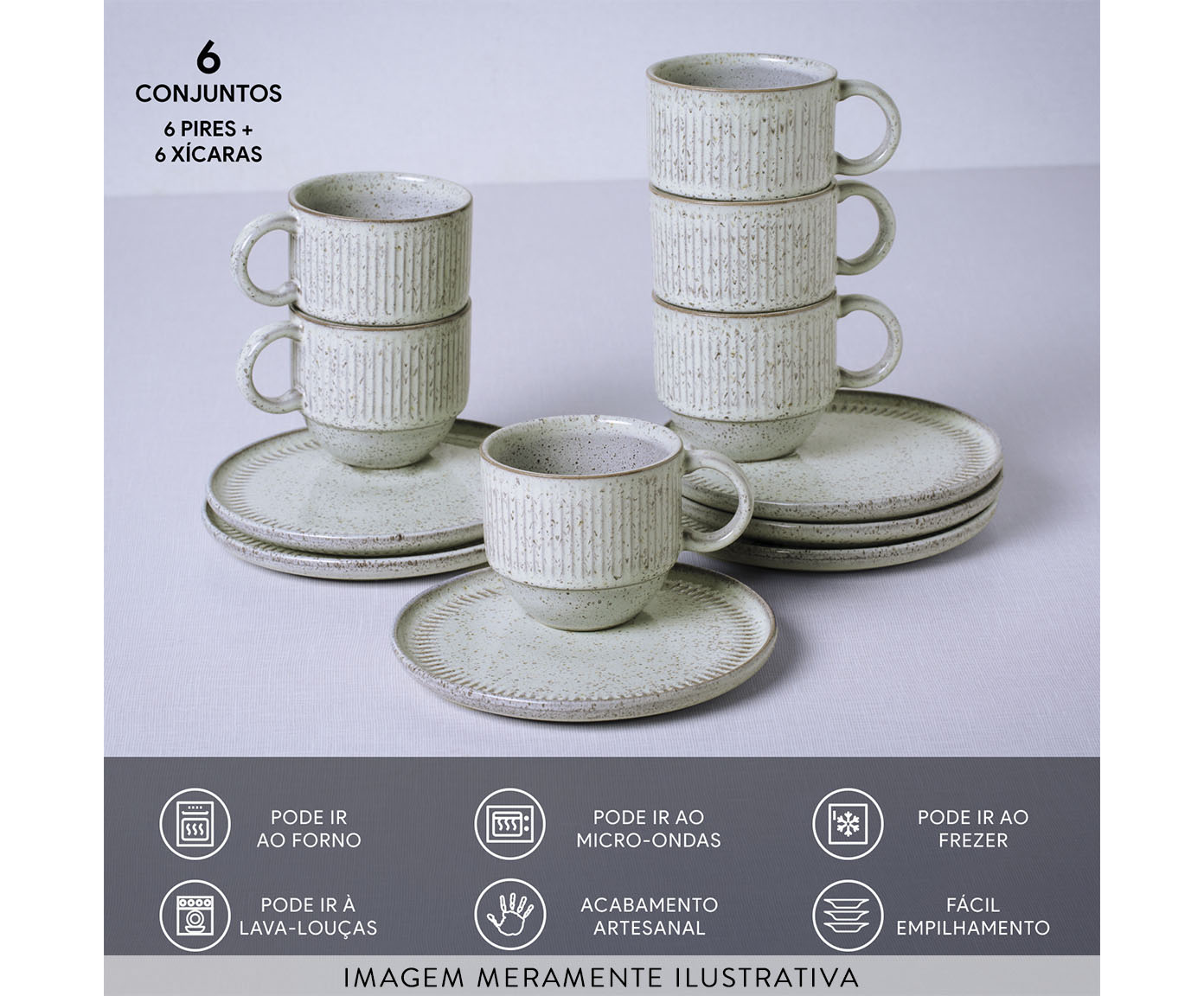 Jogo de X&iacute;caras para Ch&aacute; Empilh&aacute;vel Linhas Pistache Verde Menta image number 3