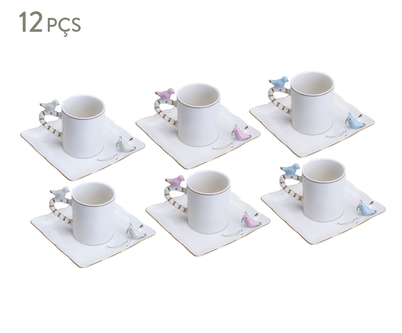 Jogo de X&iacute;caras para Caf&eacute; Birds Design Plate Branco - image 0