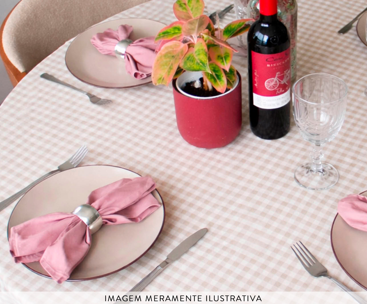 Toalha de Mesa Redonda  Vichy Bege e Off White Pequena image number 2