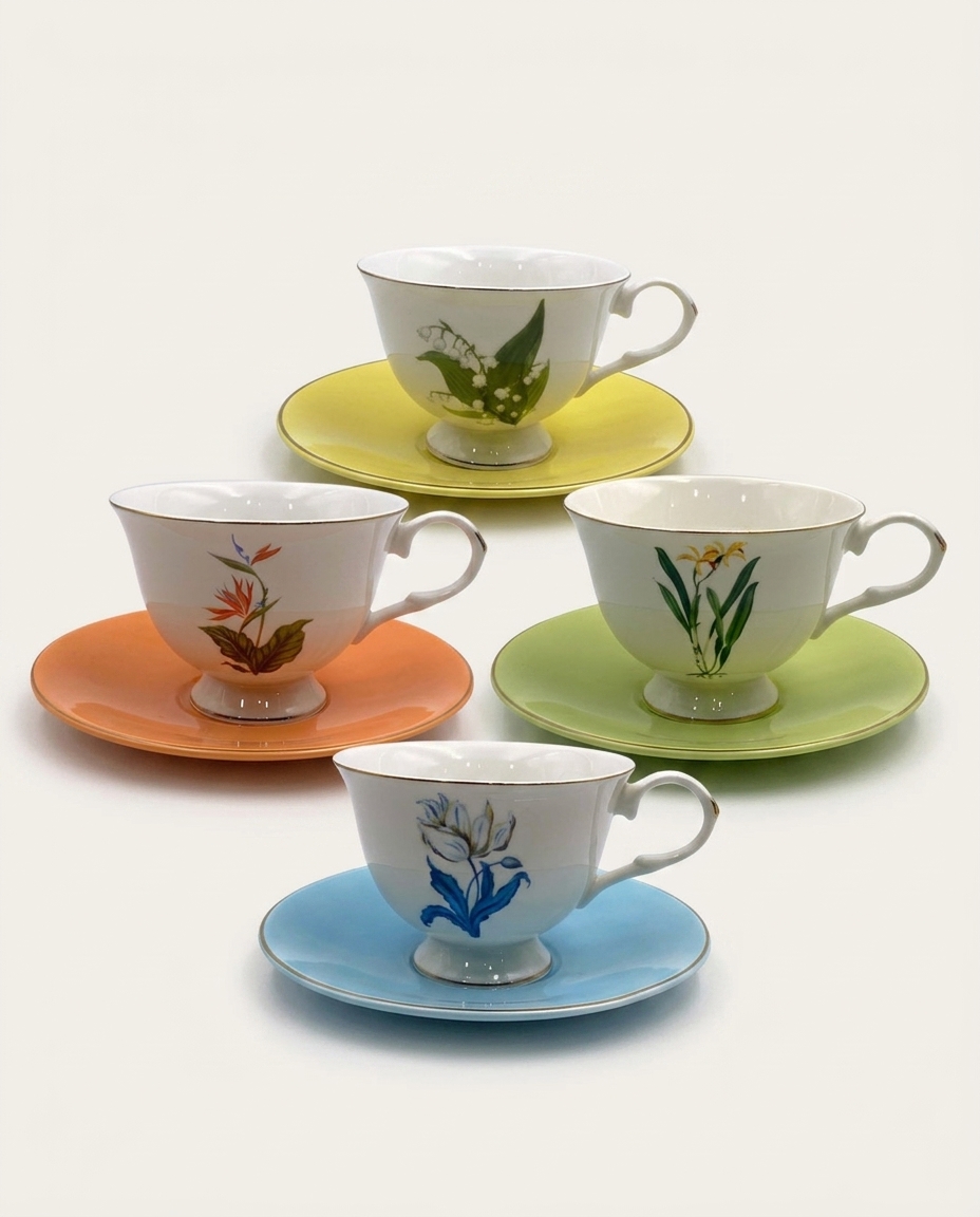 Jogo para Caf&eacute; Colorido com Borda Dourada Flores - image 1