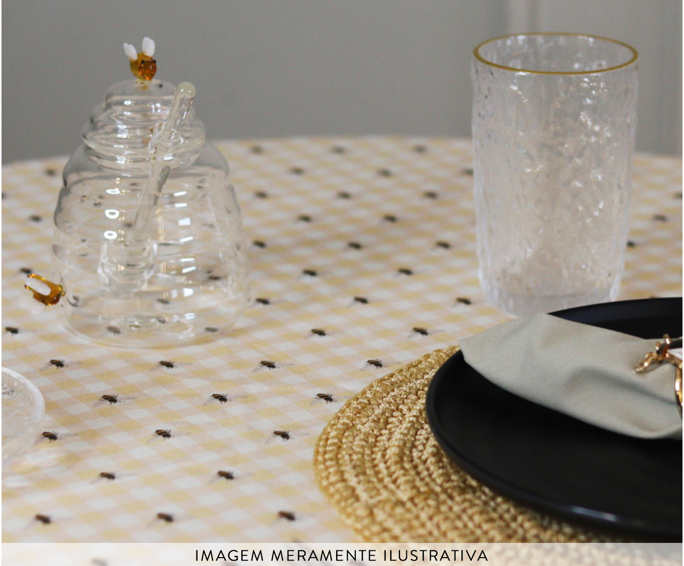 Toalha de Mesa Redonda Xadrez Abelhas Amarelo image number 1