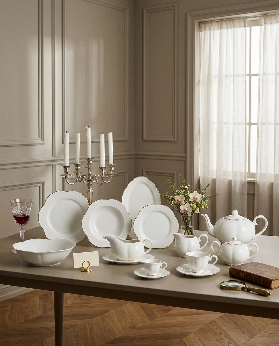 Aparelho de Jantar em Porcelana Cam&eacute;lia China Filado Dourado Branco image number 3