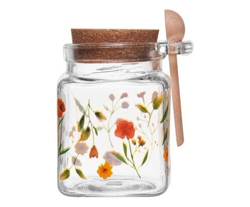 Pote Quadrado com Colher Encanto Transparente e Florido - image 0
