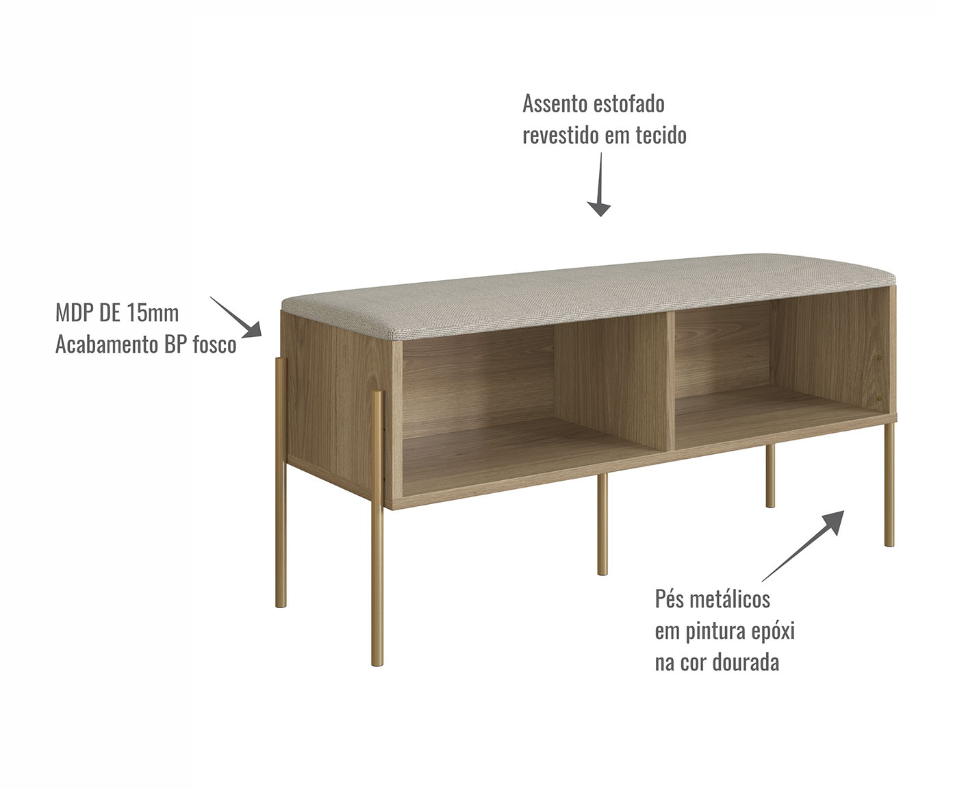 Jogo de Sapateira Banco Estofada e Prateleira Oslo Hanover e Dourado image number 4