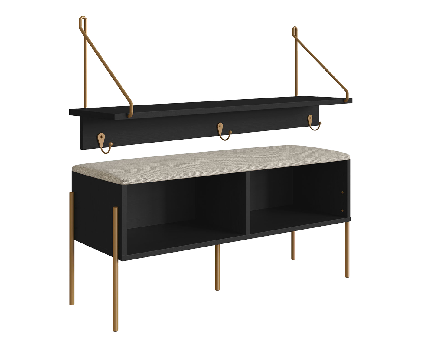 Jogo de Sapateira Banco Estofada e Prateleira Oslo Nero e Dourado - image 0