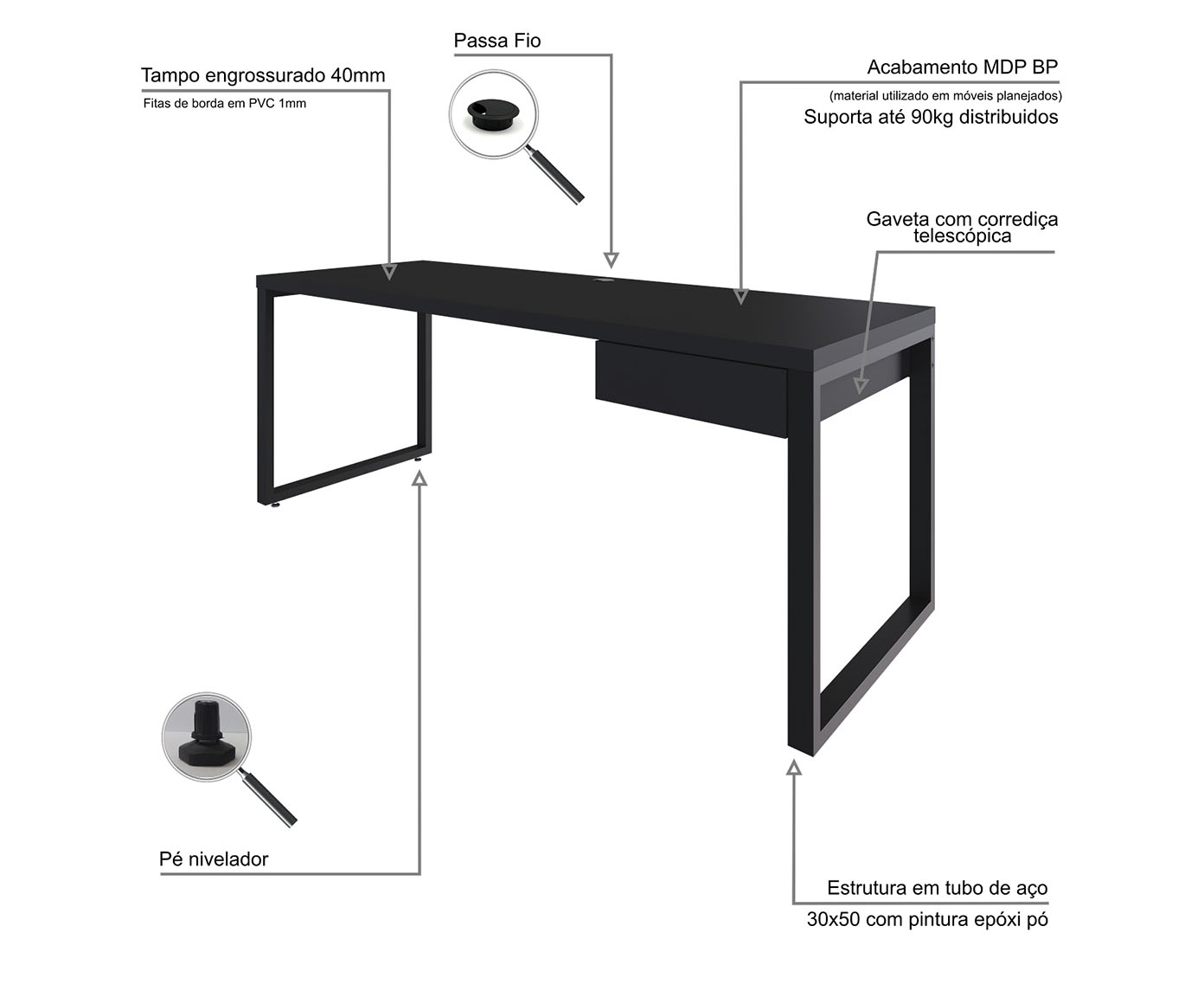 Mesa Yon Presidente com Gaveta Preto image number 6