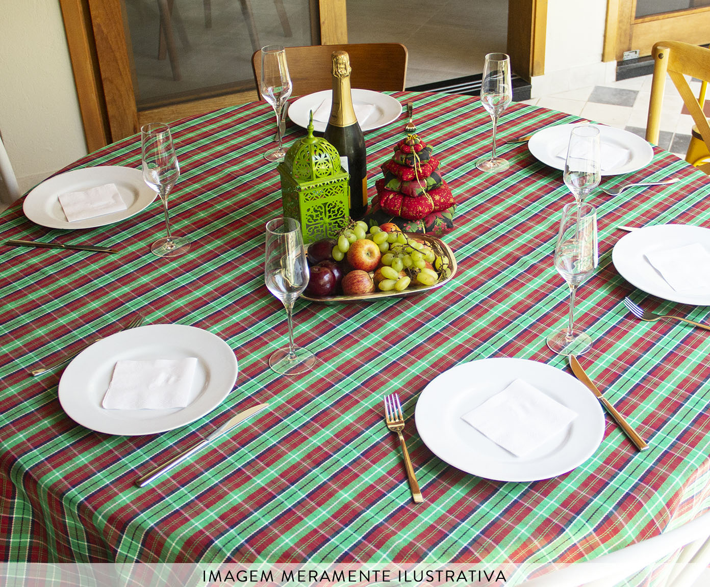 Toalha de Mesa Xadrez Verde e Vermelho Redonda image number 5