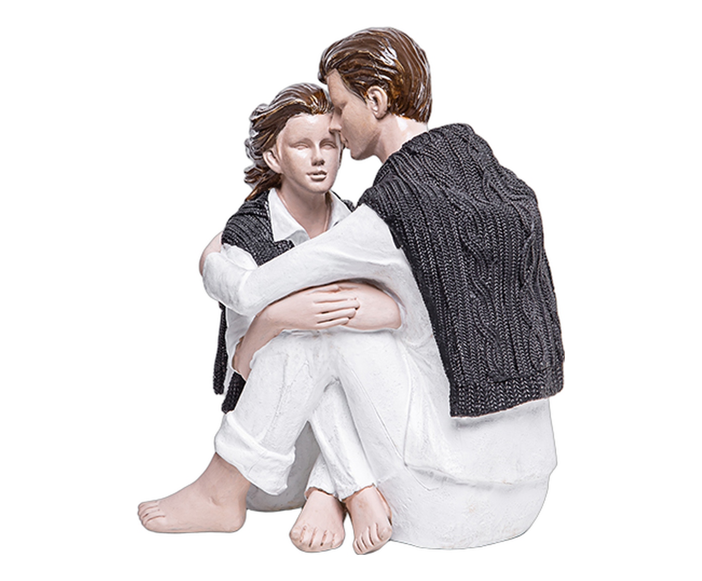 Escultura Casal Sentado Abra&ccedil;ado Bege e Branco image number 1