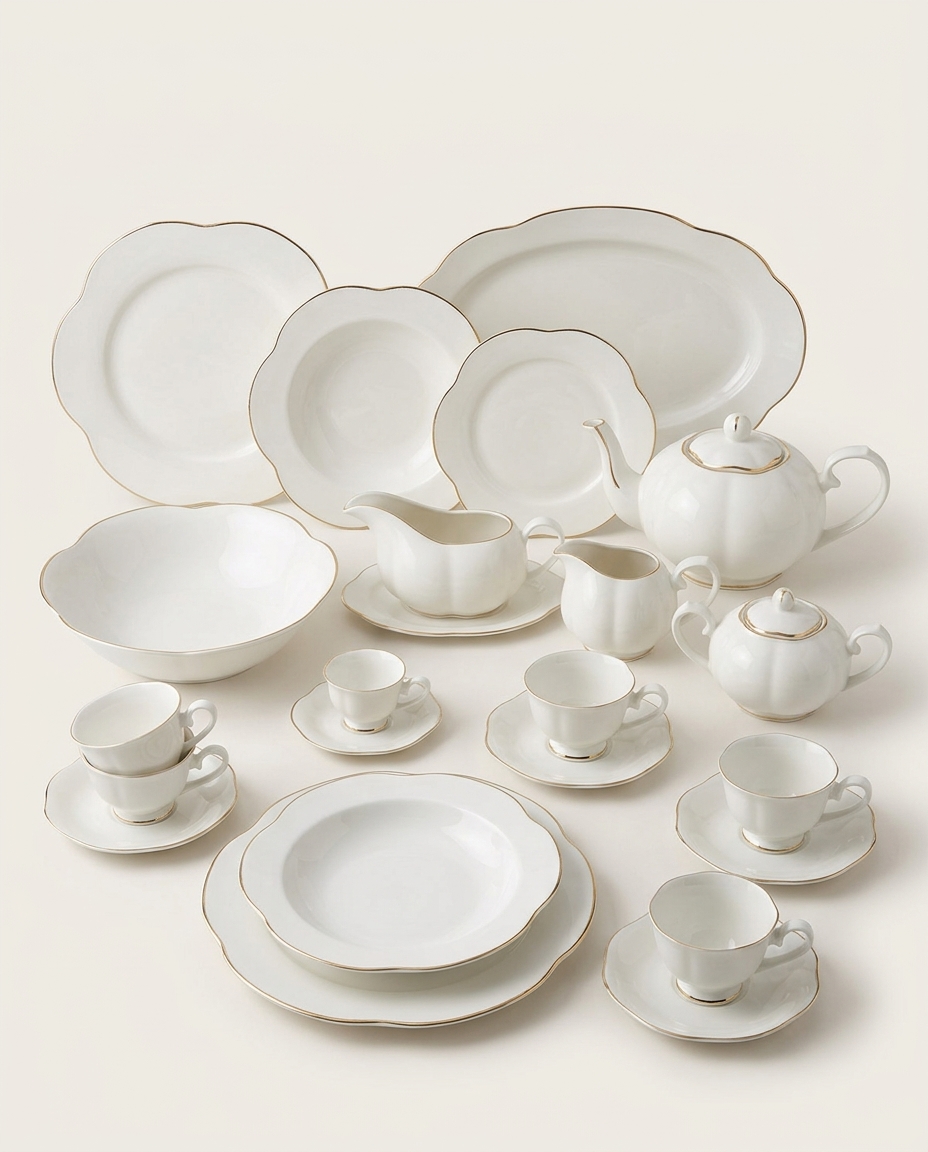 Aparelho de Jantar em Porcelana Cam&eacute;lia China Filado Dourado Branco image number 2