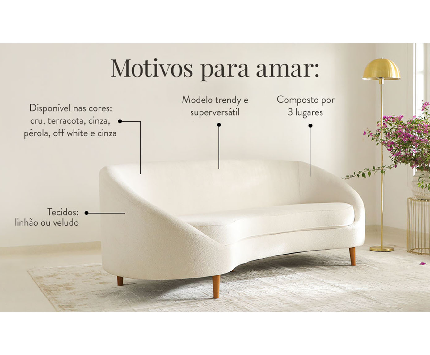Sof&aacute; em Veludo Jayne com P&eacute;s em Madeira - Off White image number 22