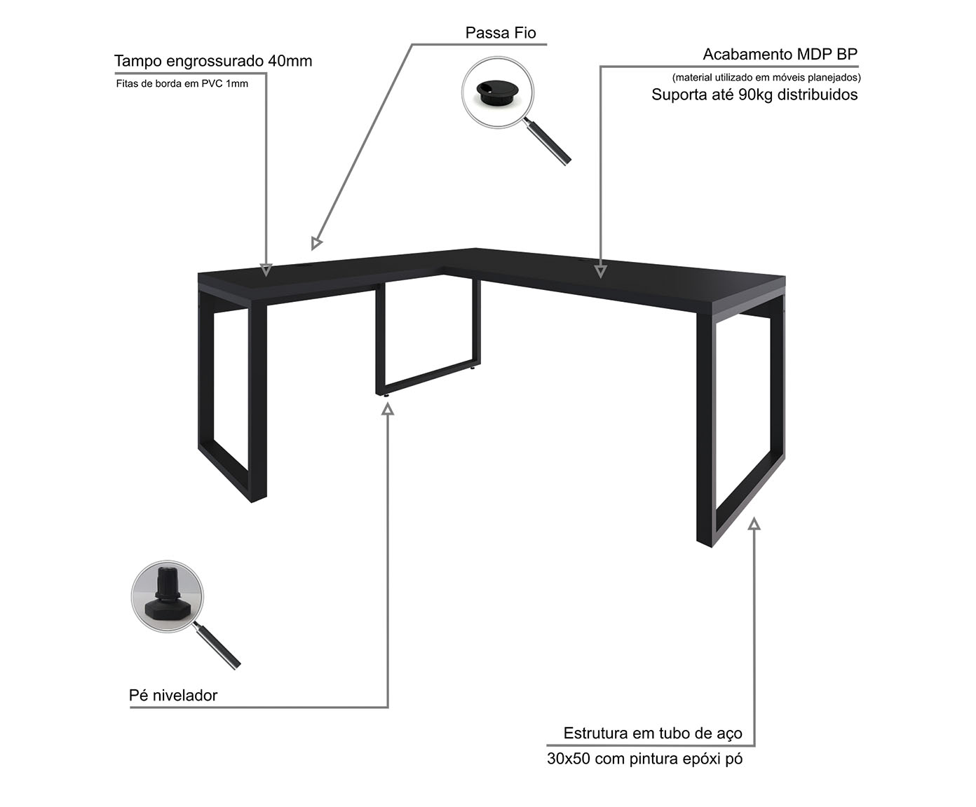 Mesa em L Yon Presidente  Preto image number 4