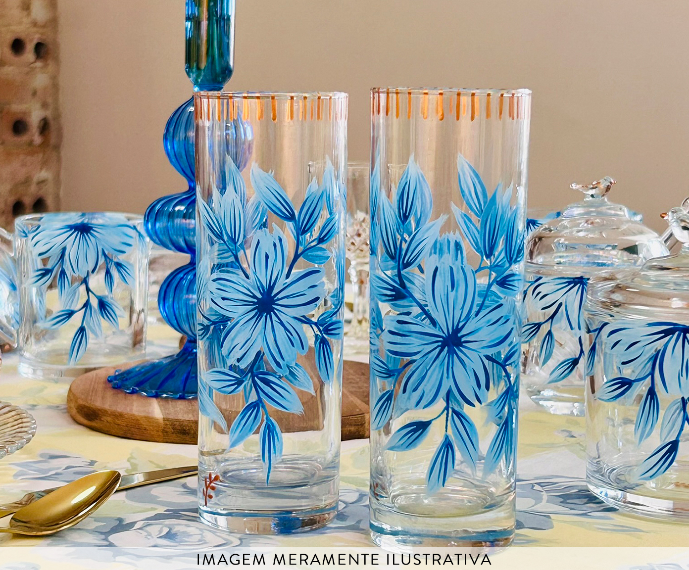 Jogo de Copos Long Drink Floral Azul - image 1