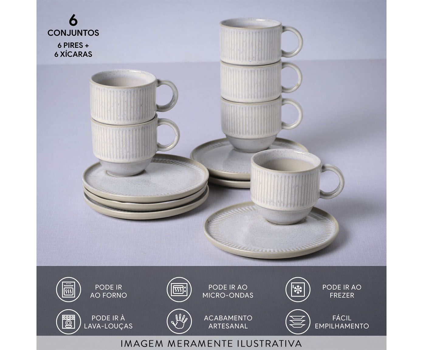 Jogo de X&iacute;caras para Ch&aacute; Empilh&aacute;vel Linhas Latte Cru image number 2